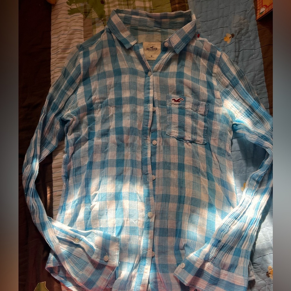 Hollister Light Blue and White Plaid Shirt
